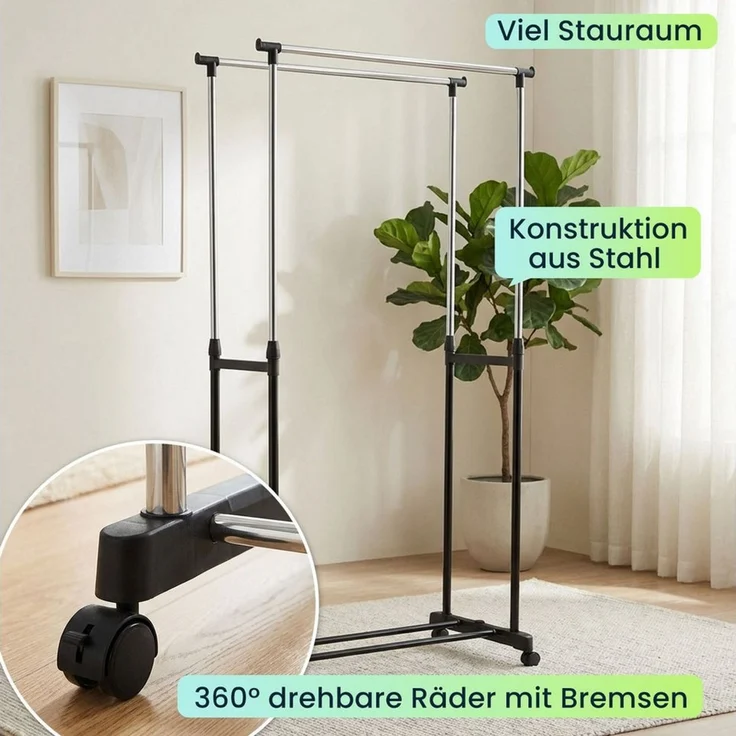shop'n smile ideoon Kleiderständer Mobiler Kleiderständer Doppelstange B 80 cm Höhenverstellbar 90-160cm, Fahrbare Doppel-Kleiderstange, mit Schuhablage, 80 x 90–160 x 42cm – Bild 4