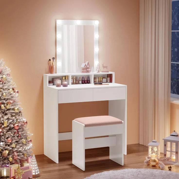 VASAGLE Schminktisch mit LED-Beleuchtung, Sitzhocker, Kosmetiktisch mit 2 Schubladen und 3 offenen Fächern, Makeup-Hocker aus Samt, für Schlafzimmer, weiß und mattweiß-pastellrosa RDT714W01 – Bild 2