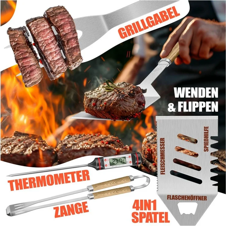 KESSER® Grillbesteck Set 37-teilig Grillzubehör aus rostfreiem Edelstahl Grillset mit Grillzange, Grillwender, 4in1 Grillspatel, Grillgabel, Grill-Spieß, Thermometer, Korkenzieher, Grillmatte & Tasche Beige – Bild 2