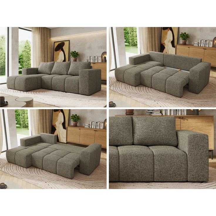 Ecksofa mit Schlaffunktion und Bettkasten, L-form Couch, lose Kissen, Polstersofa - MONIVA - Grau Struktur - linke Seite – Bild 2