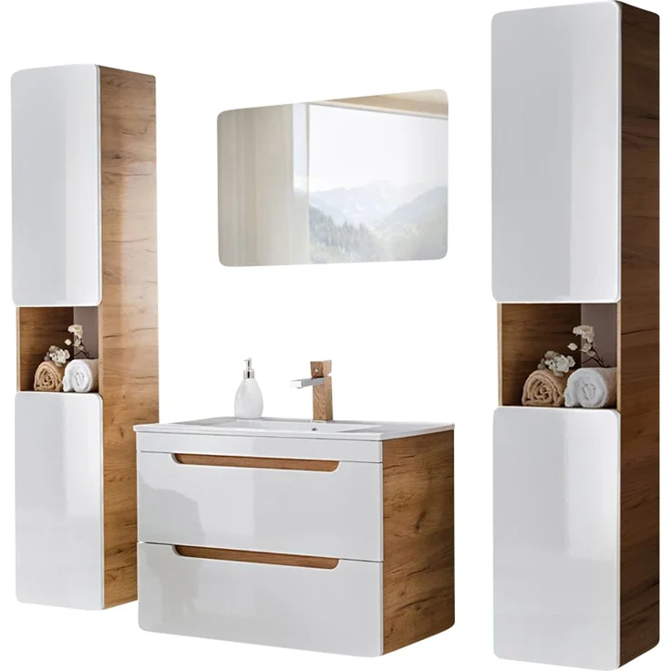 Badmöbel Set mit 81 cm Keramik-Waschbecken LUTON-56 Hochglanz weiß mit Wotan Eiche Nb, B/H/T ca. 180/200/46 cm – Bild 10