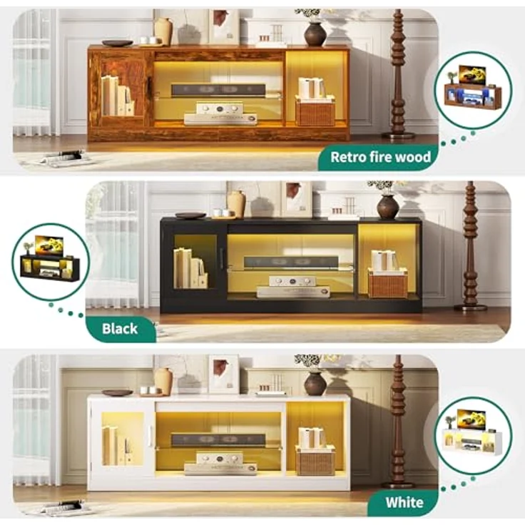 YITAHOME TV Schrank, TV Lowboard LED Weiß - Fernsehschrank Fernsehtisch mit RGB-LED-Leuchten Lowboard und Glasregal Fächern für 65 Zoll & kleinere TVs,für Wohnzimmer Schlafzimmer, B148 x H51 x T32 cm – Bild 5