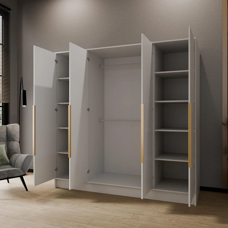 MEBLINI Kleiderschrank LUSINDA 200cm - Weiß Matt - mit goldfarbenen Griffen - Drehtürenschrank mit zwei Spiegeln - Kleiderstangen und Regalböden – Bild 4