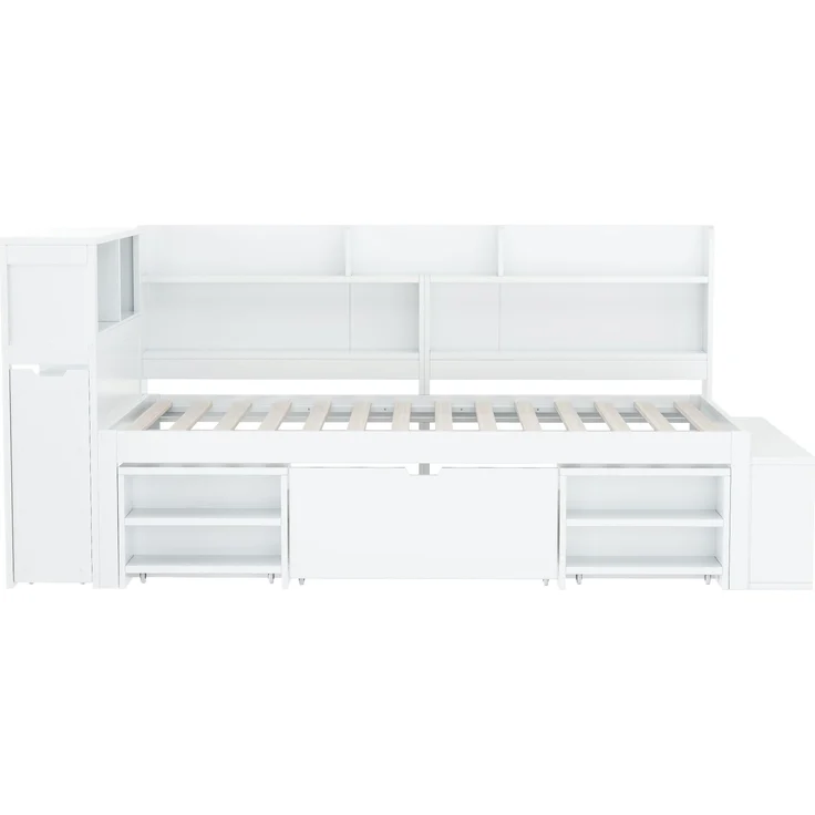 Merax Kinderbett mit Schubladen, Bücherregal & Stauschrank, mit Lattenrost, ohne Matratze, Plywood weiß, 90 x 200 cm – Bild 8