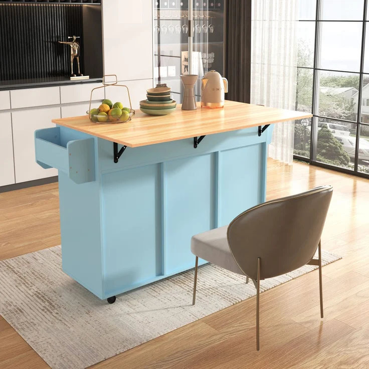 Küchenwagen mit klappbarer Arbeitsplatte & Stauraum, 139x46(71)x91,5 cm, Blau – Bild 2