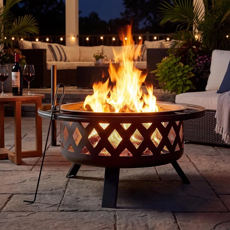 Aoxun Feuerschale mit Grillrost und Funkenschutz, 2-in-1 Feuerstelle für Garten & Terrasse, 360° Schwenkgrill mit Höhenverstellung, 77x77x53,5cm, Outdoor Feuerkorb zum Grillen und Heizen,Schwarz – Bild 2