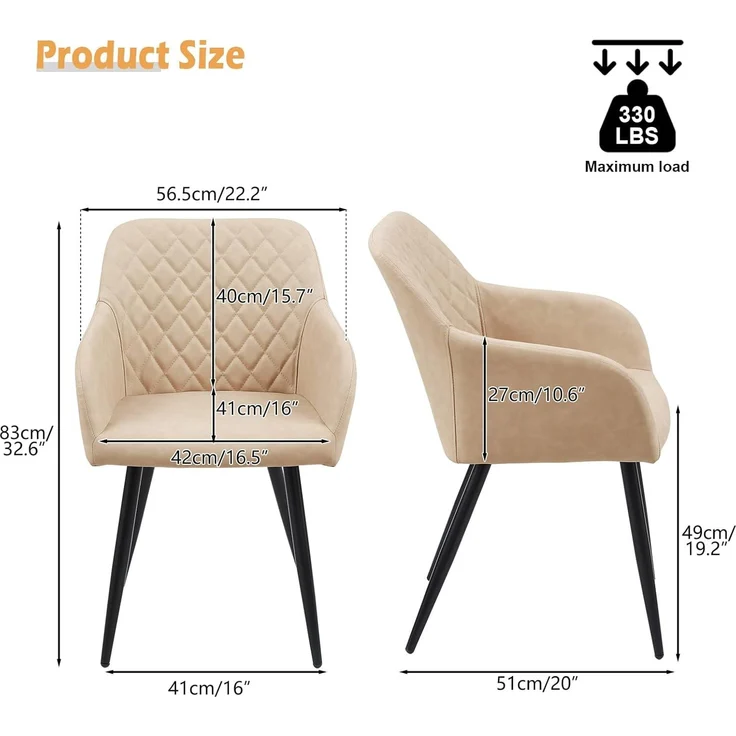 TUKAILAI Esszimmerstühle 2er Set aus Kunstleder, Modern Küchenstuhl Polsterstuhl Wohnzimmerstuhl Sessel mit Armlehnen Rückenlehne Metallbeinen, für Küche Esszimmer Wohnzimmer Lounge,Creme – Bild 3