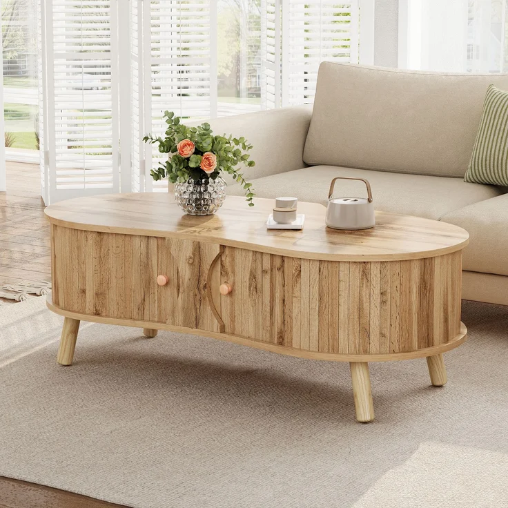 Couchtisch B 108 x T 50 x H 37 cm, mit 2 Schiebetüren, MDF in Holzoptik, Massivholzbeine – Bild 2
