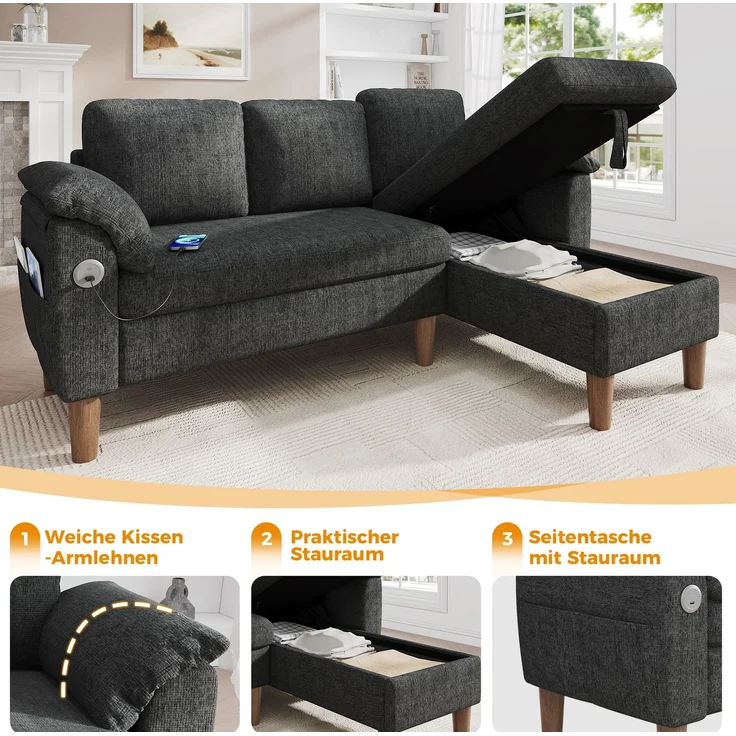 Ecksofa 181x125x88 cm in Dunkelgrau mit Stauraum-Chaiselongue und USB-Anschluss – Bild 6