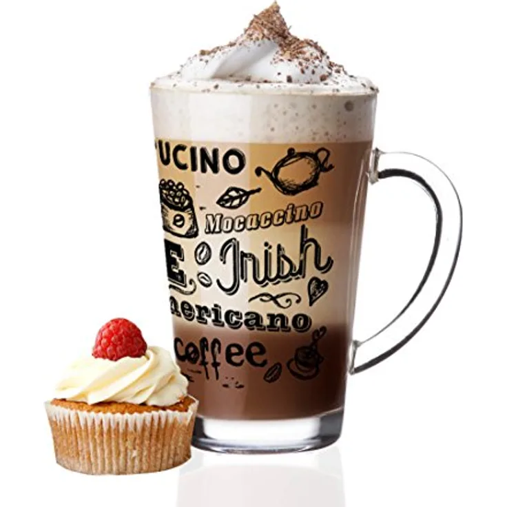 Sendez Gläser-Set 6 Latte Macchiato Gläser 300ml mit Kaffee-Aufdruck, Glas