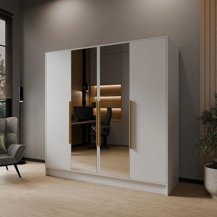 MEBLINI Kleiderschrank LUSINDA 200cm - Weiß Matt - mit goldfarbenen Griffen - Drehtürenschrank mit zwei Spiegeln - Kleiderstangen und Regalböden – Bild 2