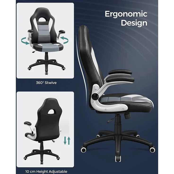 Songmics Gamingstuhl, Racing Chair, Schreibtischstuhl mit hoher Rückenlehne, Bürostuhl, höhenverstellbar, hochklappbare Armlehnen, Wippfunktion, für Gamer, schwarz-grau-weiß OBG28G – Bild 6