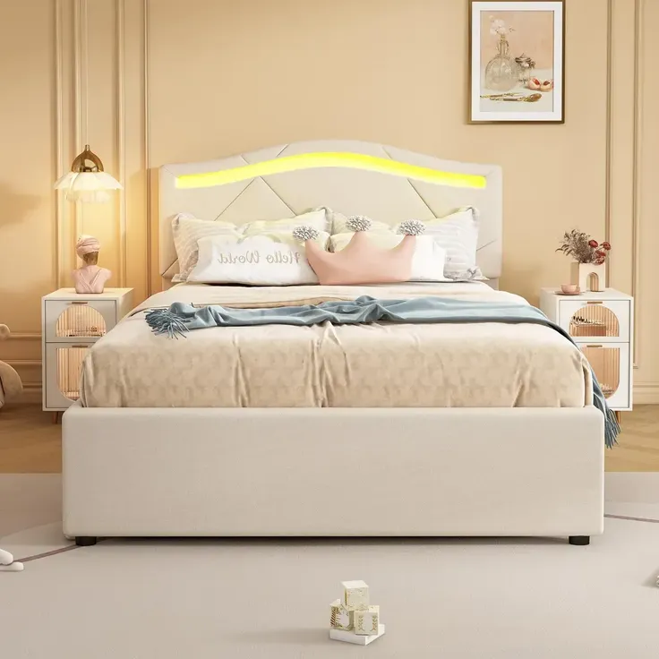 Polsterbett mit LED-Beleuchtung und Schubladen, 90x200cm, gepolsterter Kopfteil, Einzelbett, Stauraumbett, Leinen – Bild 4