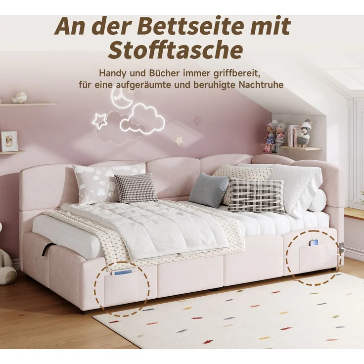 Polsterbett, Kinderbett,Einzelbett, Stauraumbett, Schlafsofa 90x200 cm, mit Lattenrost, USB-Ladegerät, Stautasche, Jugendbett und Erwachsenen-Kinderbett, Samt,rosa (ohne Matratze) – Bild 9