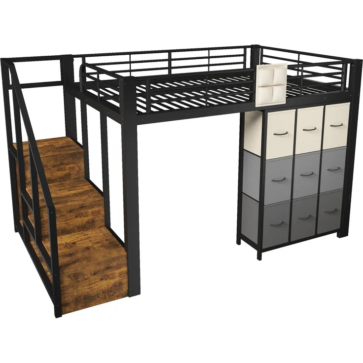 Merax Hochbett, Kinderbett 140×200 cm, Metall, mit Schubladen, Kleiderstange, Geländer, Treppe mit Stauraum, ohne Matratze, Schwarz – Bild 9