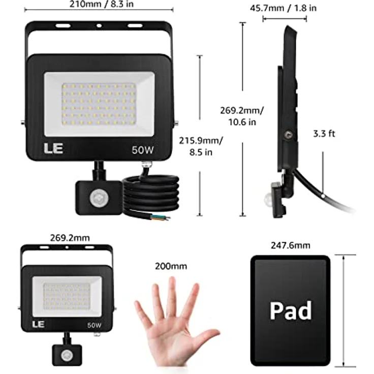Lepro 50W LED Strahler mit Bewegungsmelder Außen, 4200LM Außenstrahler 5000K Kaltweiß Superhell Scheinwerfer, IP65 Wasserdicht Fluter, Ideale Aussenleuchte für Garten, Innenhöfe, Garage, Haus, Hotel – Bild 6