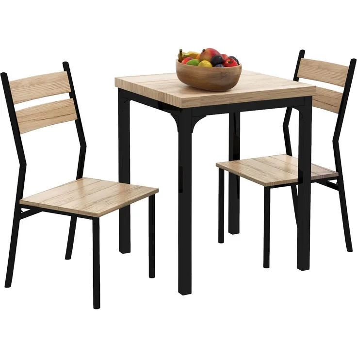 3-teilige Essgruppe Esstisch mit 2 Stühlen Platzsparende Esszimmergruppe Sitzgruppe für Esszimmer, Küche Naturholzmaserung+Schwarz--Natur--76x60x60cm--YOUDENOVA