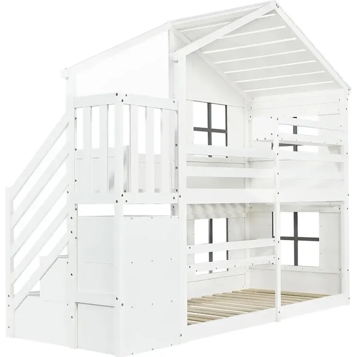 Etagenbett mit 2 Liegeflächen, Lattenrost, Regal, Treppe, Stauraum und Rausfallschutz, 90x200cm, Kinderbett, Jugendbett – Bild 9