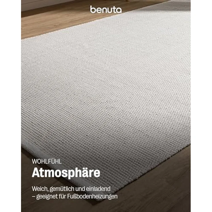 benuta Baumwollteppich, Uni, Weiß, Rechteckig 60x120 cm, Oeko-Tex® Standard 100, für Fußbodenheizung geeignet, Kurzflorteppich – Bild 4