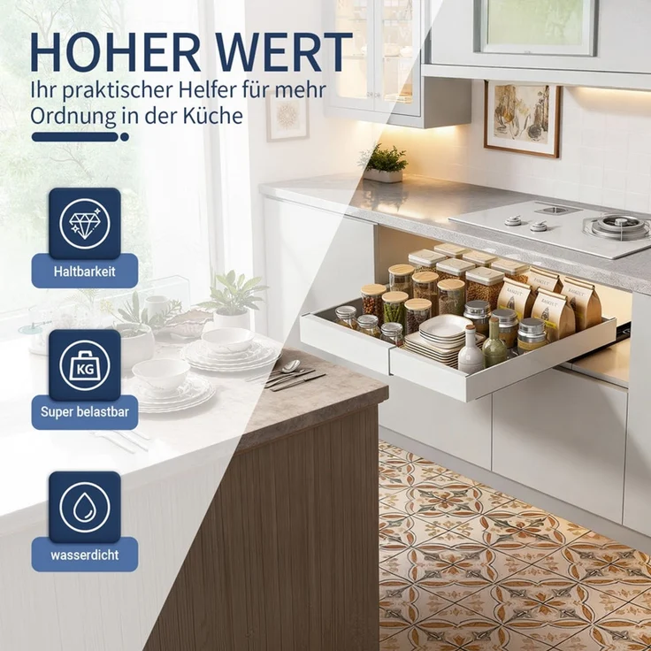 Home Nature Wohnkonzept Küchenschrank Ausziehschublade, 1er Set, mit Klebehalterung ohne Bohren, 52 x 53 x 7,5 cm, Karbonstahl, Vielseitig für Küche und Bad, Weiß – Bild 6