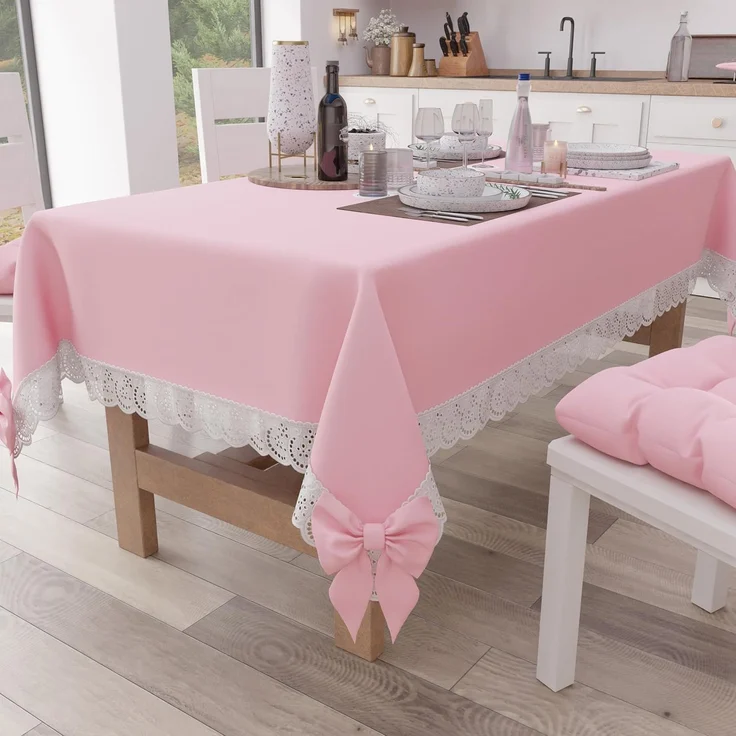 Petti Artigiani Italiani - Tischdecke, Tischdecke, rechteckige Küchentischdecke mit Fransenspitze und Schleifen, einfarbige Tischdecke aus Baumwolle, X12 Plätze (140x240 cm) Rosa