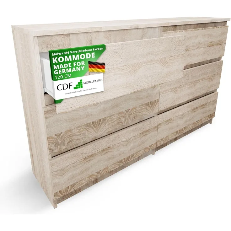 CDF Kommode Malwa M6 120| Farbe: Eiche Sonoma | Schrank für Dokumente, Kleinigkeiten | Ideal für Wohnzimmer, Schlafzimmer, Kinderzimmer, Jugendzimmer und Büro | 6 geräumige Schubladen