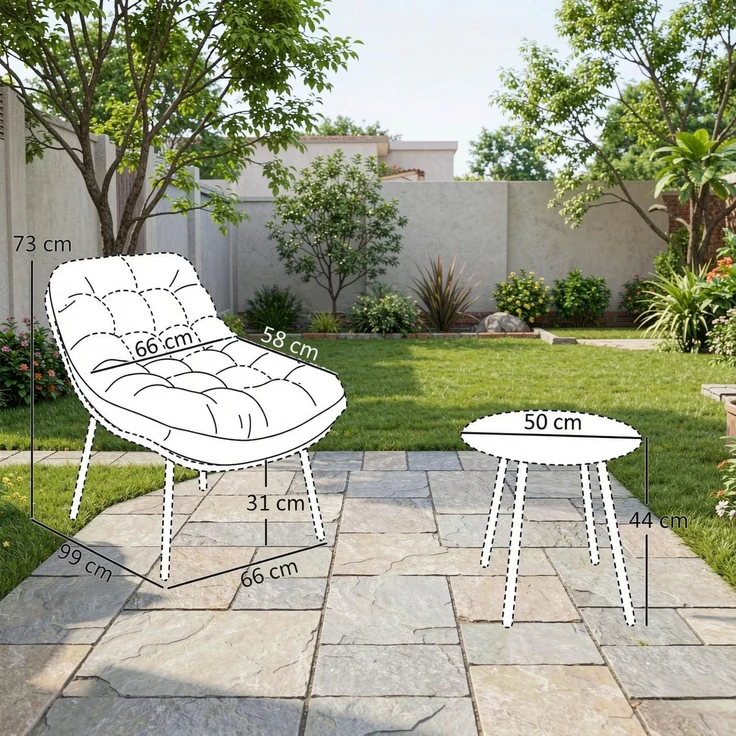 Gartentischgruppe mit Tisch H 44 x Ø 50 cm, Stahl und Harzgeflecht, mit 2 Stühlen – Bild 5