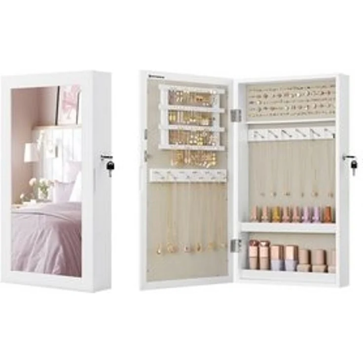 Songmics Schmuckschrank, Spiegelschrank, Hängeschrank, abschließbarer Wandschrank, platzsparender Schmuckorganizer, Oberfläche in Weiß, Innenfutter in Greige JJCDE051W02 – Bild 6