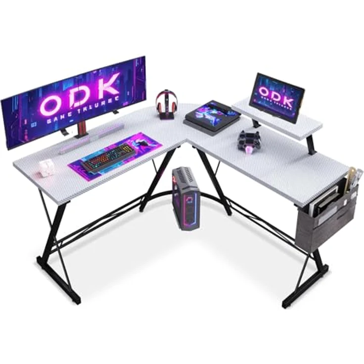 ODK Gaming Tisch, Computertisch, Gaming Schreibtisch mit runder Ecke, Gaming-Tisch mit Monitorablage (Kohlefaser Weiß, 127x127 cm) – Bild 2