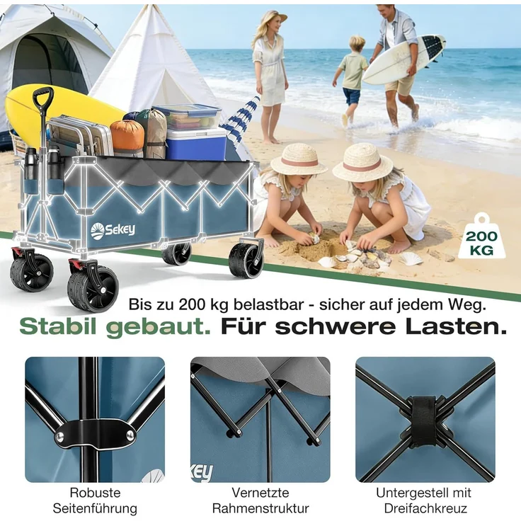 Sekey XXXL Verlängerter Bollerwagen Faltbar Handwagen mit Extra Breite 17x10 cm All-Terrain-Räder, 300L 200KG Belastbar, Blau – Bild 4