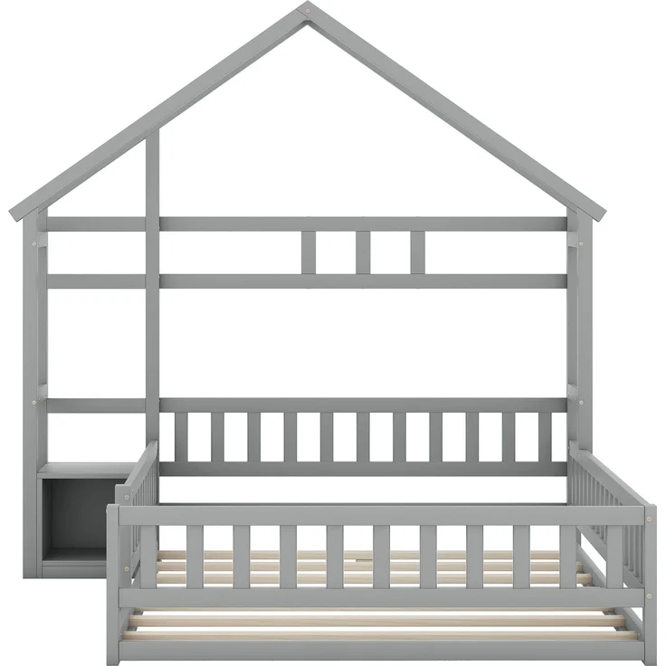 Kinderhausbett, Flachbett aus Kiefernholz mit Geländer, inklusive Nachttisch, stabiles Massivholzbett für Kinder,Grau – Bild 6