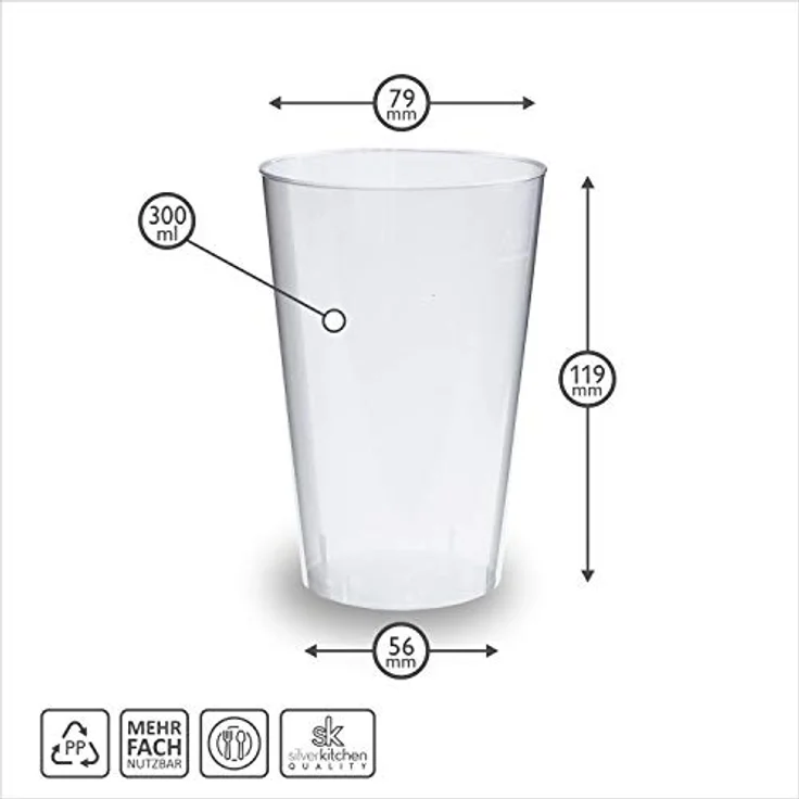 Silverkitchen 25 Trinkbecher 300ml - bruchsichere Mehrwegbecher wiederverwendbar Cocktail Becher Longdrinkgläser transparent aus PP Plastik Made In Germany – Bild 2