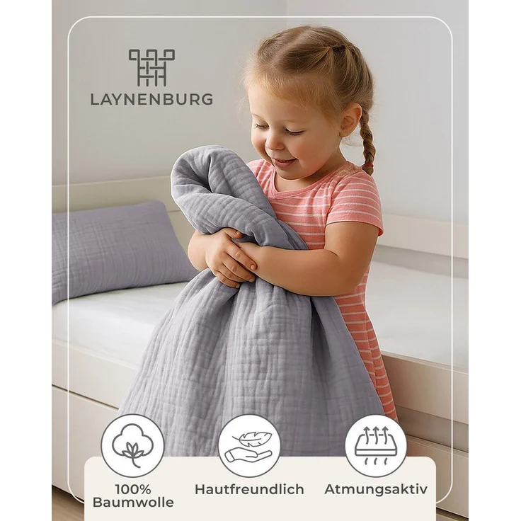 Laynenburg Kinderbettwäsche Musselin 2 teilig aus 100% Baumwolle in 100x135 cm + 40x60 cm, atmungsaktiv & bügelfrei – 3 lagig mit Reißverschluss & Haltebändern – Bild 3
