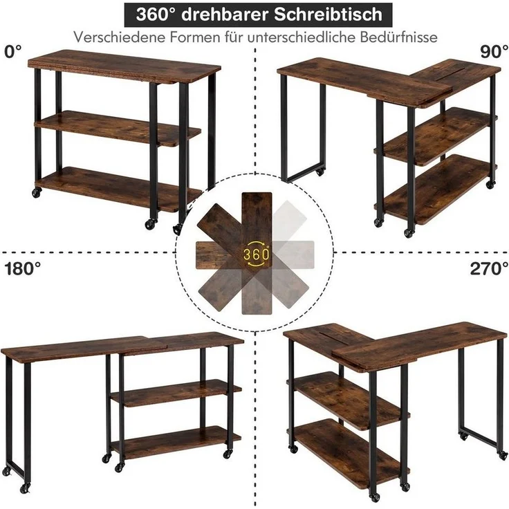 COSTWAY Schreibtisch, L-förmig, Beistelltisch mit Rollen & Ablagen, drehbar – Bild 2