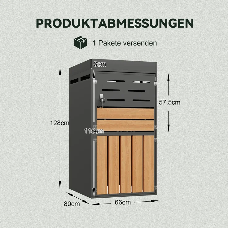 Flieks Outdoor Mülltonnenbox mit Pflanzablage, Einzelne 66×80×128 cm, 1-türiger Outdoor Aufbewahrungsschrank aus Stahl, anthrazit – Bild 4