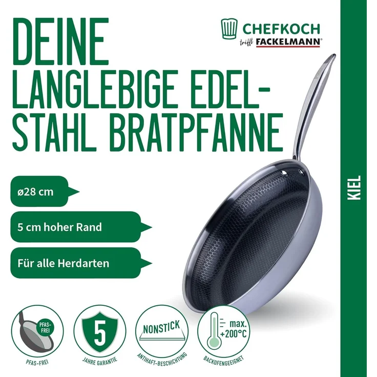 Chefkoch trifft Fackelmann Bratpfanne Tri-Ply, Ø 28 cm, Edelstahl, Induktion/- backofengeeignet – Bild 2