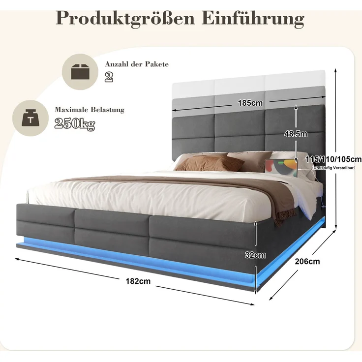 Polsterbett 180x200 cm mit LED-Beleuchtung, USB-Anschluss und Stauraum – Grau, Ohne Matratze – Bild 4