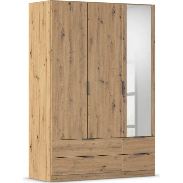 Rauch Möbel Lagoa, Kleiderschrank, Garderobe für Schlafzimmer, Kinderzimmer, Jugendzimmer 3-türig mit Spiegel, 4 Schubladen, mit Zubehör Basic, Farbe Eiche Artisan, Holz, Breite 136 cm – Bild 1