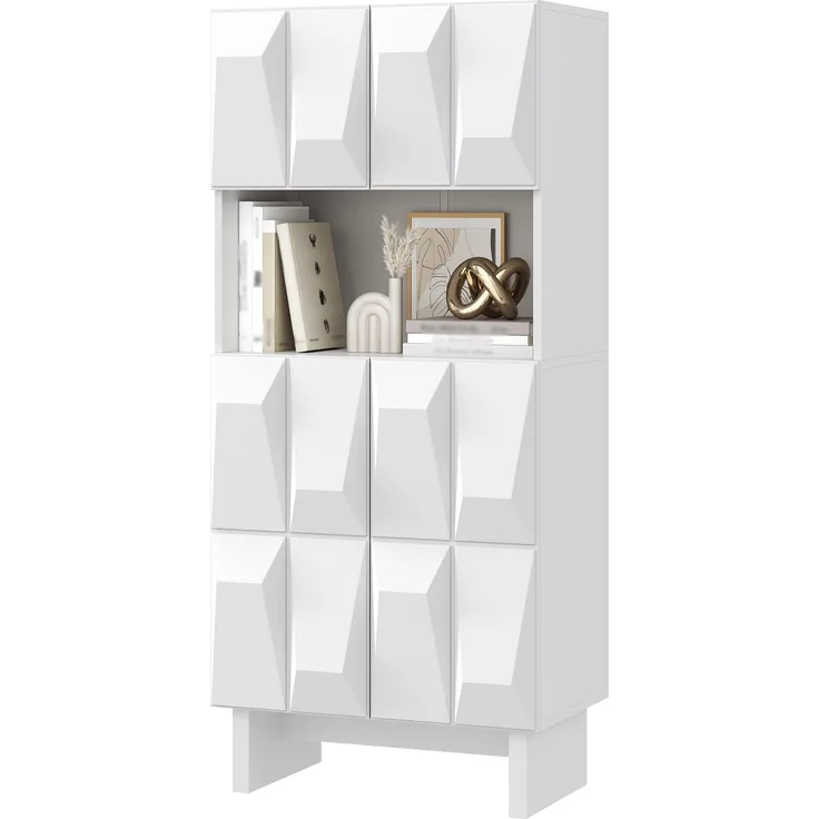 EINHOM Vitrine Display Schrank Hochschrank Spanplatte Relief 4 Türen Offenes Fach Verstellbarer Boden Wohnzimmer Arbeitszimmer