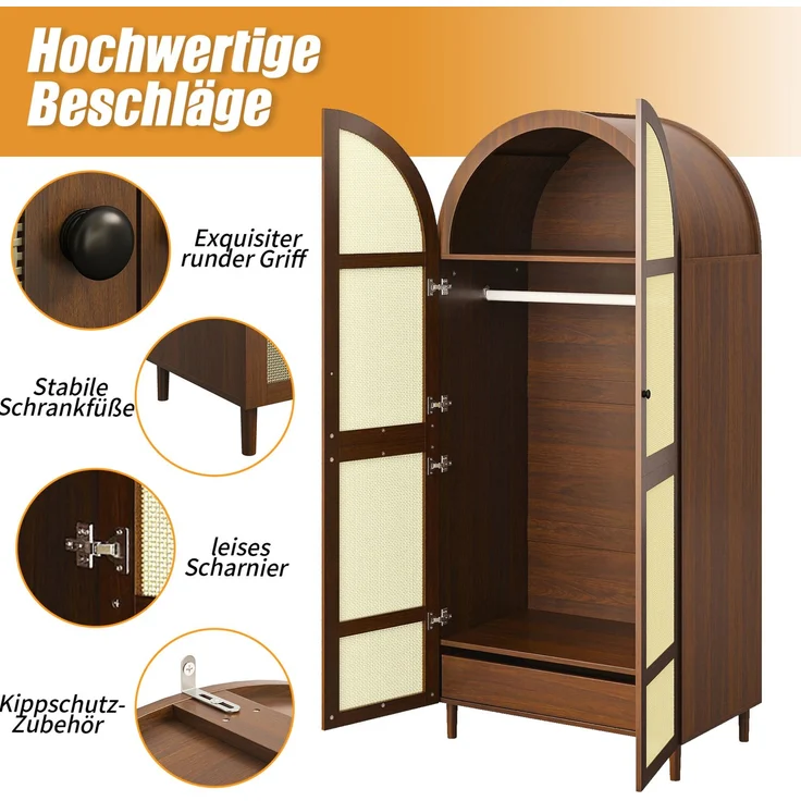DESVIAE Garderobenschrank Walnuss aus MDF/Spanplatte – 80x179x50 cm – Rattantüren, Schubladen – Bild 5