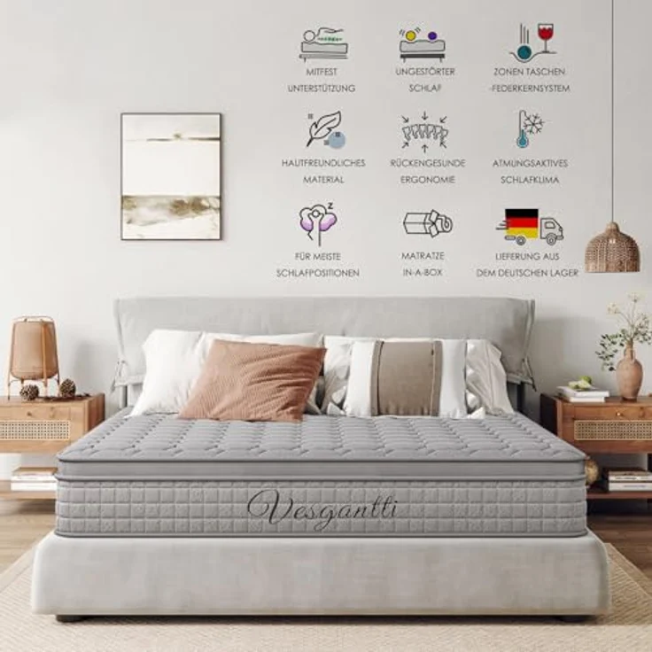 Vesgantti Hybridmatratze 90x200, H3 7-Zonen Druckentlastung Orthopädische Matratze, Taschenfederkernmatratze Oeko-TEX Zertifiziert, atmungsaktiv (30 cm Tight Top, grau)‌ – Bild 6