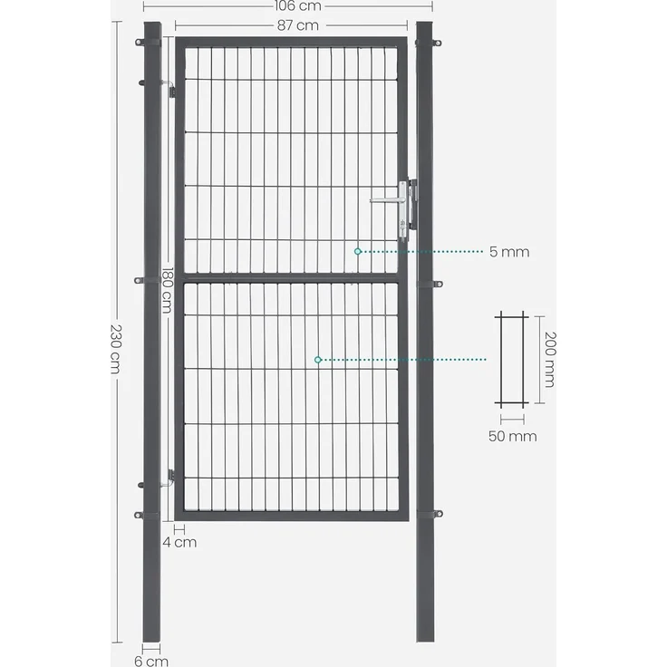SONGMICS Gartentor, Gartentür, verzinkter Stahl, Zauntor, Hoftor, abschließbar, rechteckiges Rohr, Tür 106 x 180 cm (B x H), grau – Bild 6