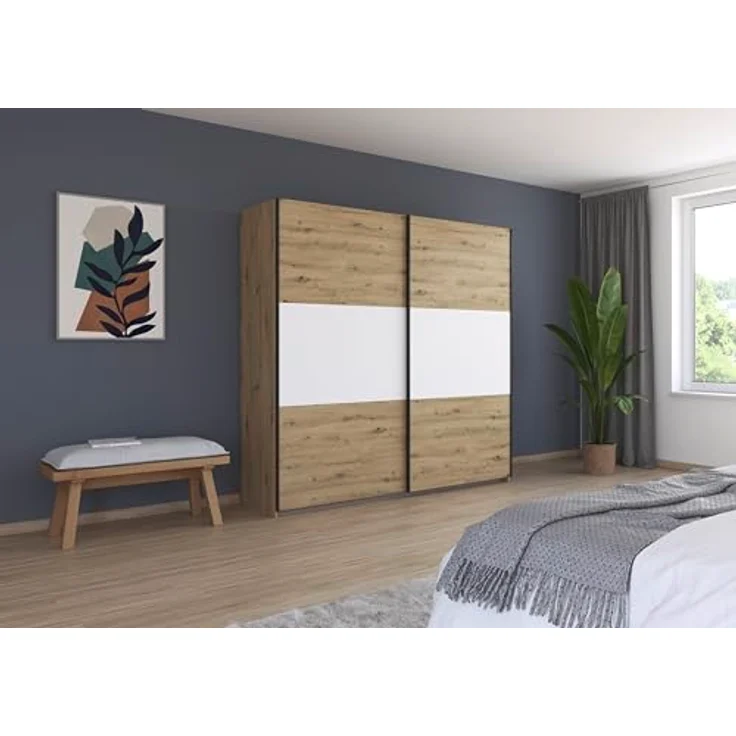 Rauch Möbel Neo, Schwebetürenschrank, Kleiderschrank, Kleiderschränke, Garderobe, Schrank mit Stauraum, 2-türig, Farbe Eiche Artisan/Alpinweiß, 218 x 210 x 59 cm – Bild 3
