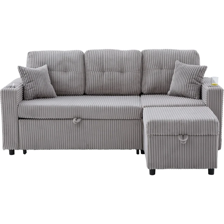 LVHOM Schlafsofa mit LED & USB, Ecksofa mit Ablagefächern, Schublade und Becherhaltern, Schlafcouch aus Cordstoff, frei Kombination, 196x144x85 cm – Bild 2