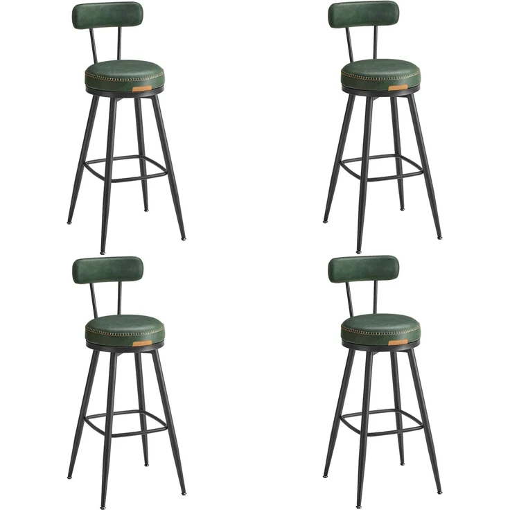 VASAGLE EKHO Kollektion - 360° drehbarer Barhocker, 4er Set, Hocker mit Rückenlehne für Bartisch, Kunstleder mit Nähten, Mid-Century-Modern-Stil, 76 cm hoch, Küche, Hausbar, waldgrün LBC389C01