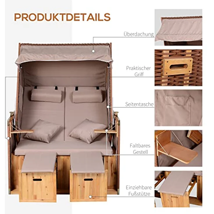 Outsunny Strandkorb Volllieger Gartenliege mit Klapptischen, verstellbarer Rückenlehne und Fußstützen, PE Rattan Beige 118 x 79 x 50 cm – Bild 5