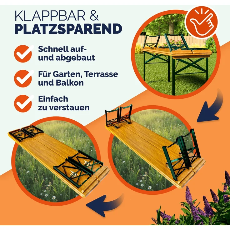 Casaria Bierzeltgarnitur, 3-tlg, Klappbar, Holz natur / Stahl grün, 75 x 46 x 170 cm – Bild 5