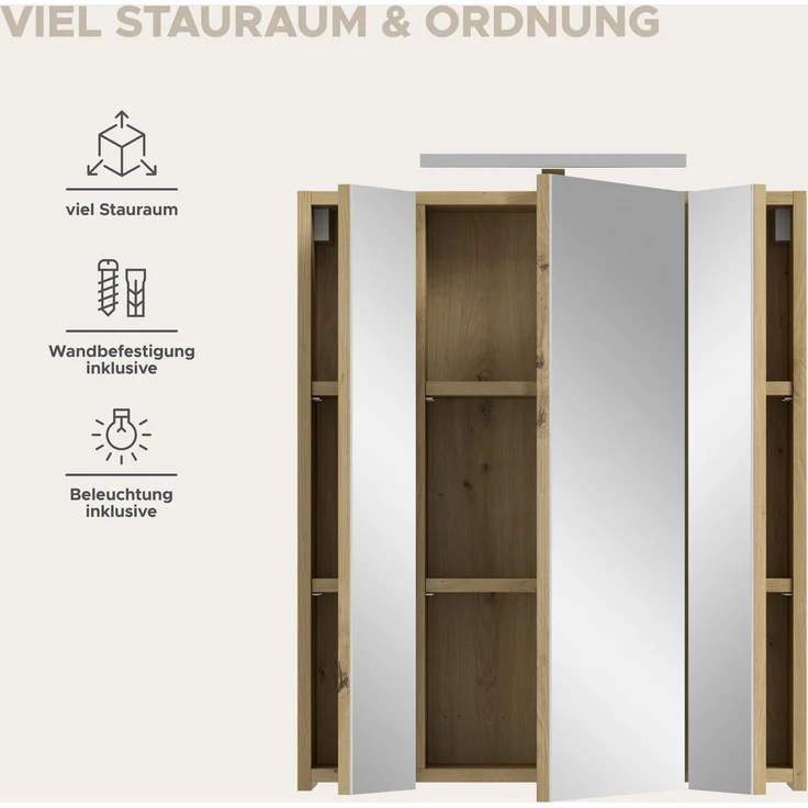 Spiegelschrank inkl. Beleuchtung (B/H/T: 60x70x18 cm) in Artisan Oak Nachbildung und Artisan Oak Nachbildung – Bild 8