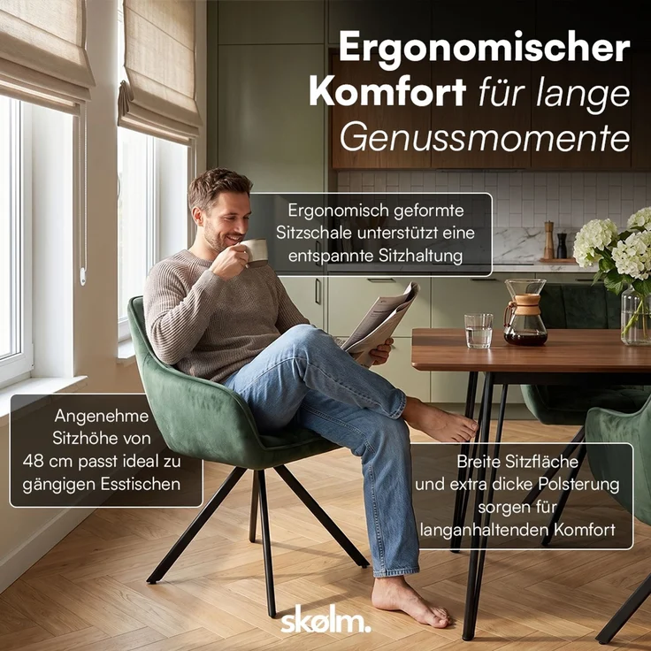 skølm 'Sköll' Esszimmerstühle, 6er Set, dunkelgrün, gepolstert mit Samt-Bezug, höhenverstellbar & drehbar, Polsterstühle mit Armlehnen, bis 150 kg belastbar – Bild 6