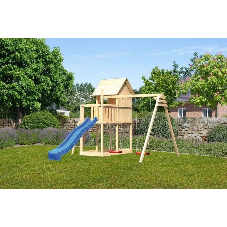 Karibu Kinderspielhaus Frieda Set Aktion2 naturbelassen mit Anbau, Doppelschaukel und Rutsche blau – Bild 14